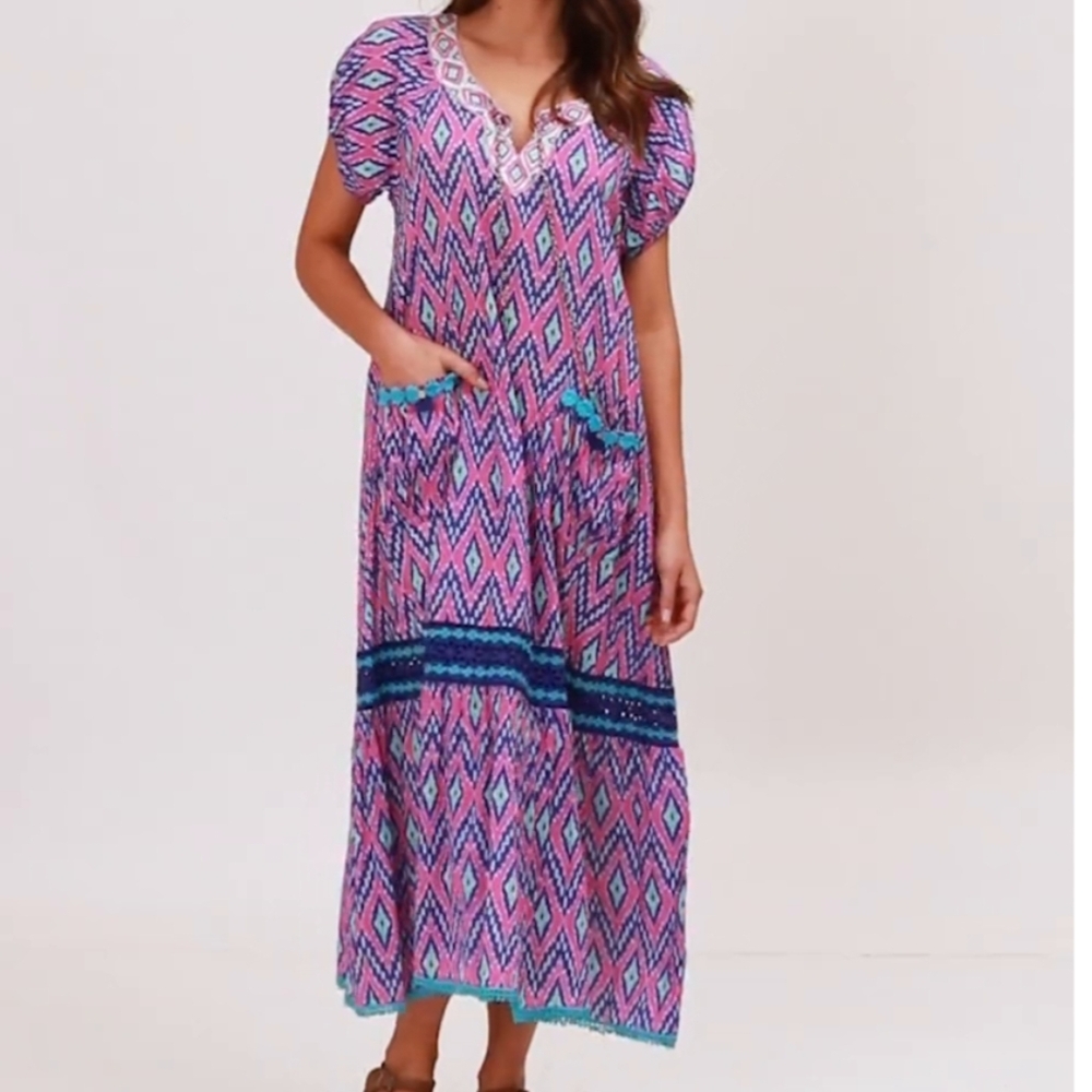 Naudic Tunic Sao Paulo Pink‎ Blue Geometric Cotton Maxi Dress Size XL